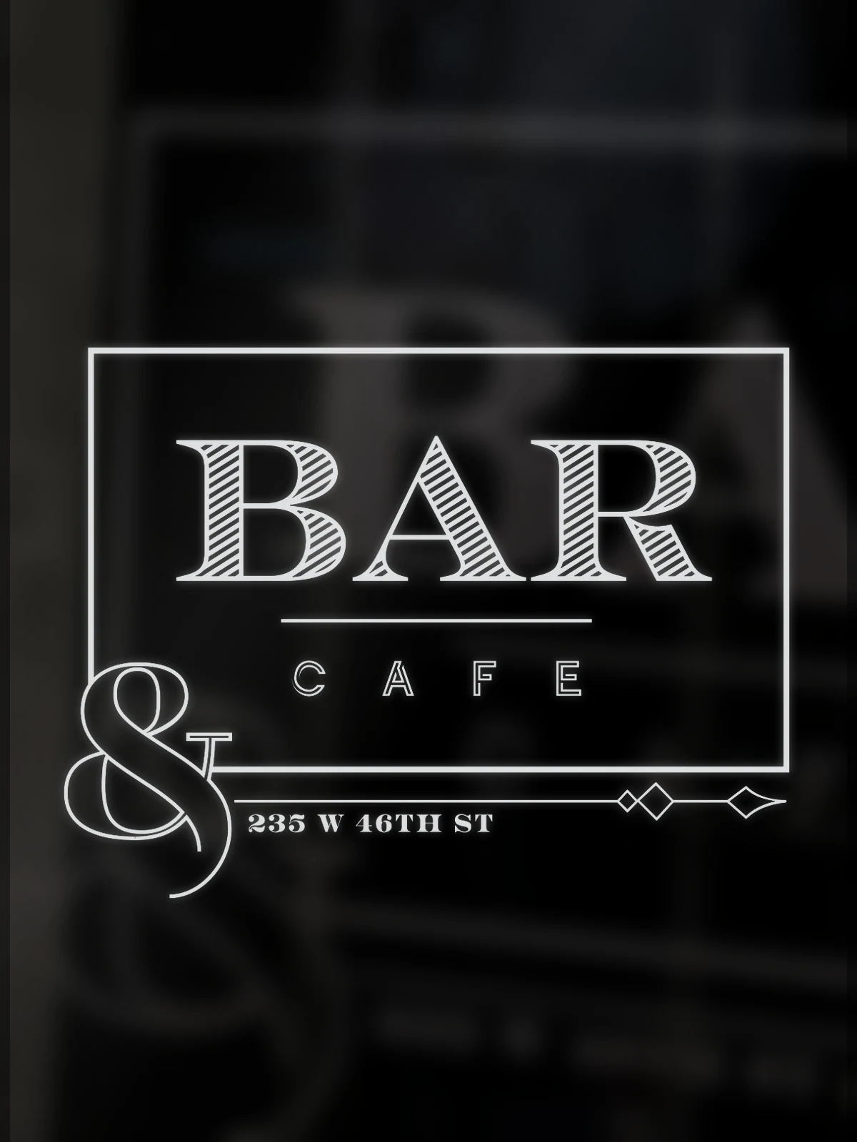 Mockup: the Bar and Café mark etched on a glass door, with the room faintly visible behind