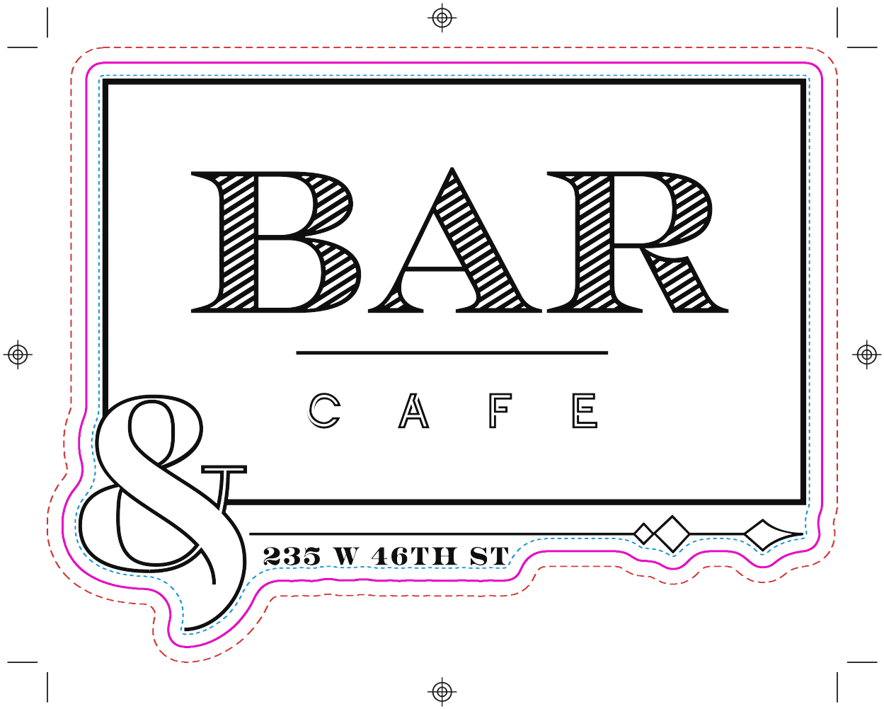 Final Bar and Café engraving art as vector line work, set up for print with cut line, bleed, safe area, crop and registration marks