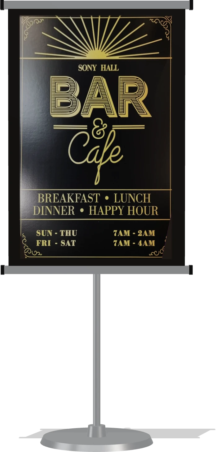 Bar and Café hours sign in black and gold, on a chrome floor stand