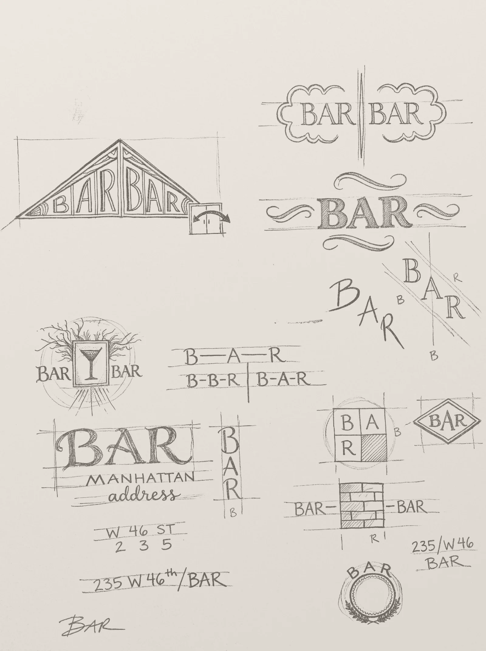 Pencil sketch sheet of Bar lockups for the door engraving: art deco triangle, cloud frame, banner swashes, stacked letters, cocktail glass emblem, monogram grid and address marks for 235 W 46th St