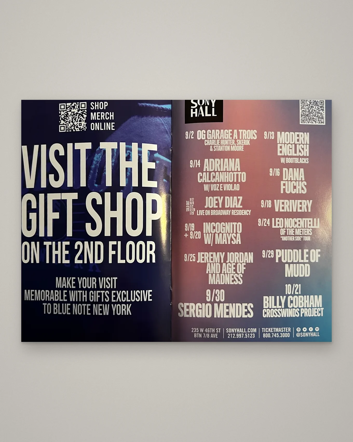 Show booklet, open spread: Visit the gift shop on the 2nd floor, with the show calendar