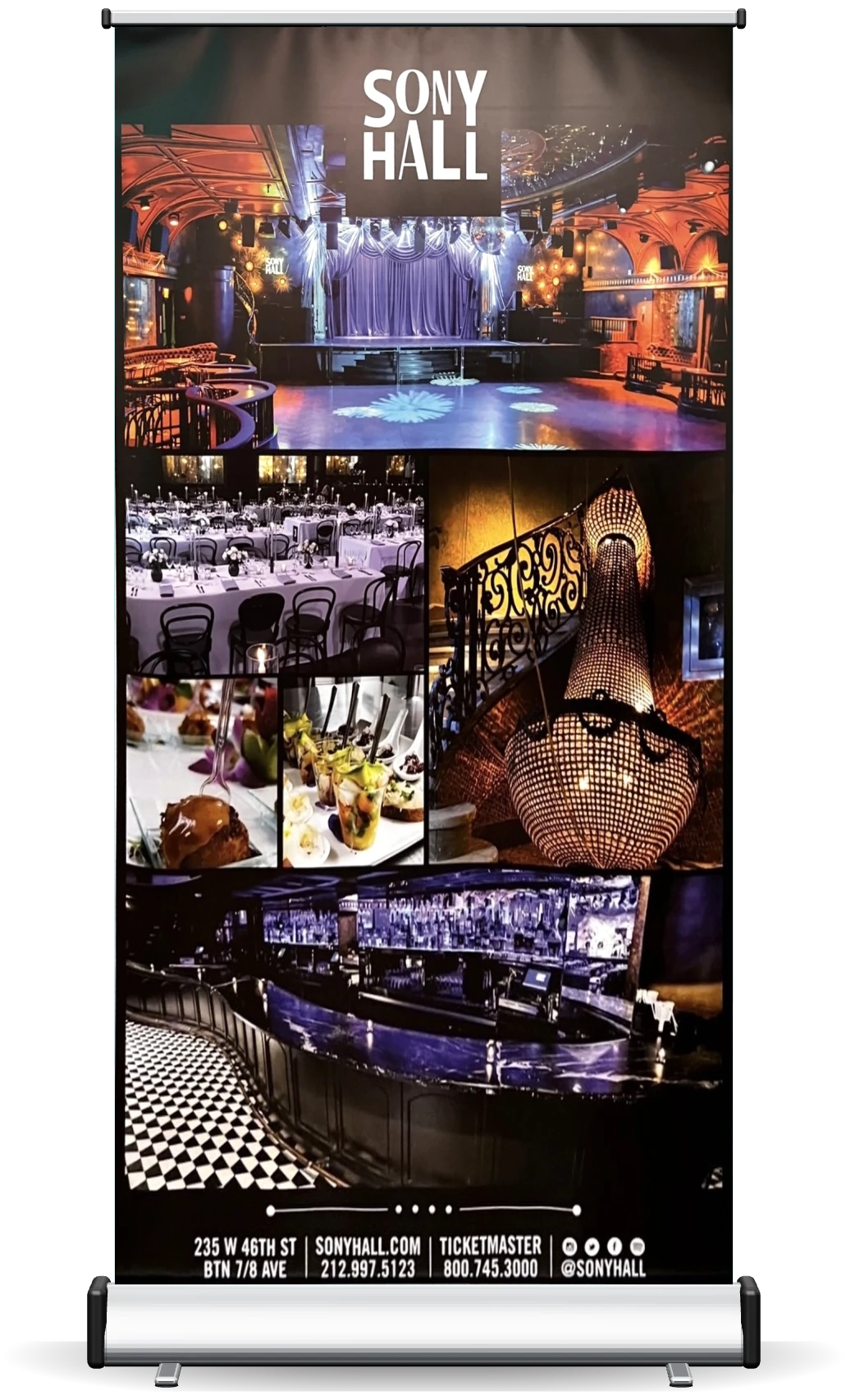 Sony Hall roll-up banner: venue photo collage with address, website and Ticketmaster details