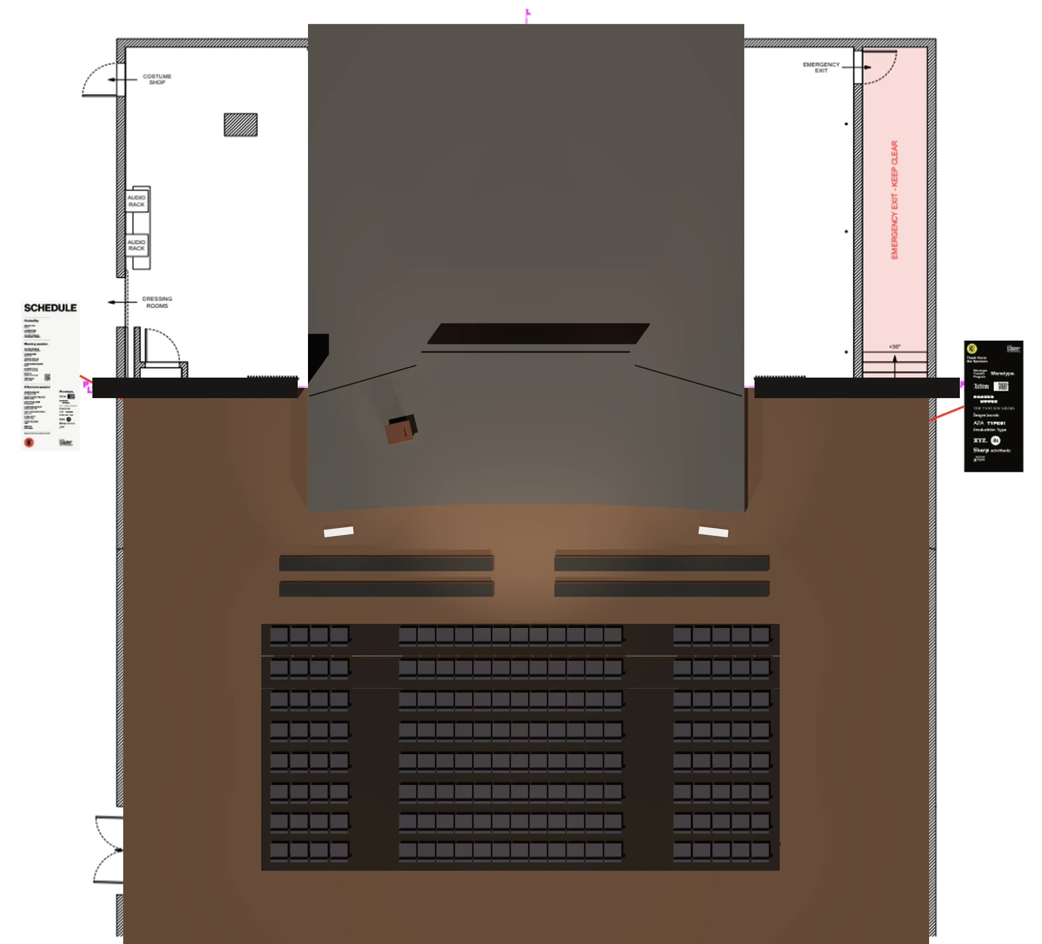 Overhead render of the Pope Theatre over the floor plan, with stage, seating and banner positions